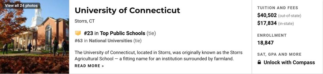 2021年美国康涅狄格大学排名,2023年usnews全美公立大学排名