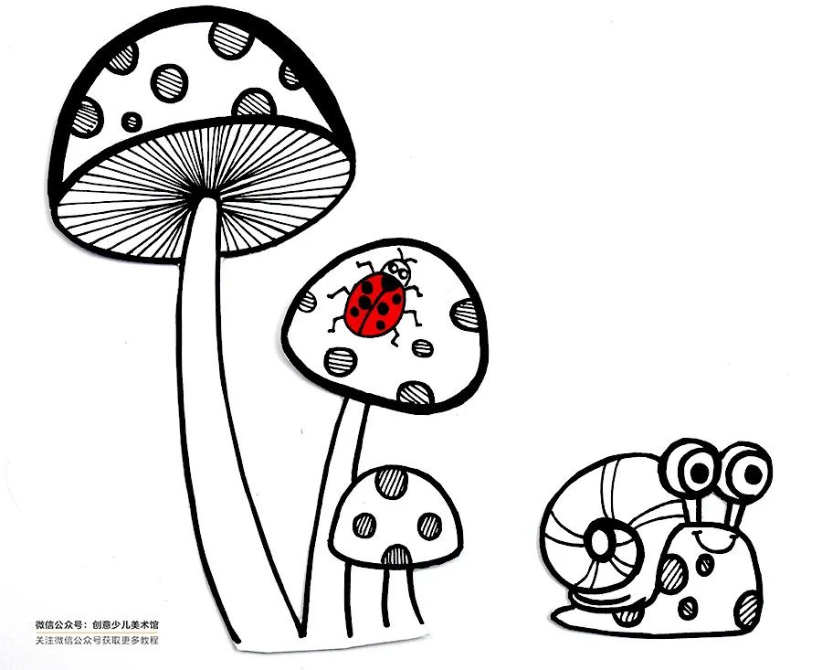 美丽的蘑菇创意儿童画,彩色蘑菇创意儿童画教程