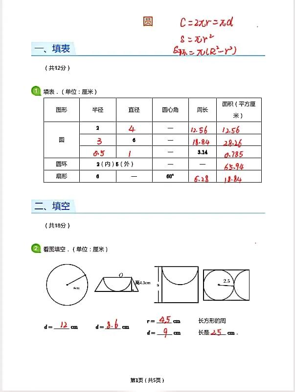 六年级圆的练习题及答案教程,六年级奥数圆的面积50道题和答案