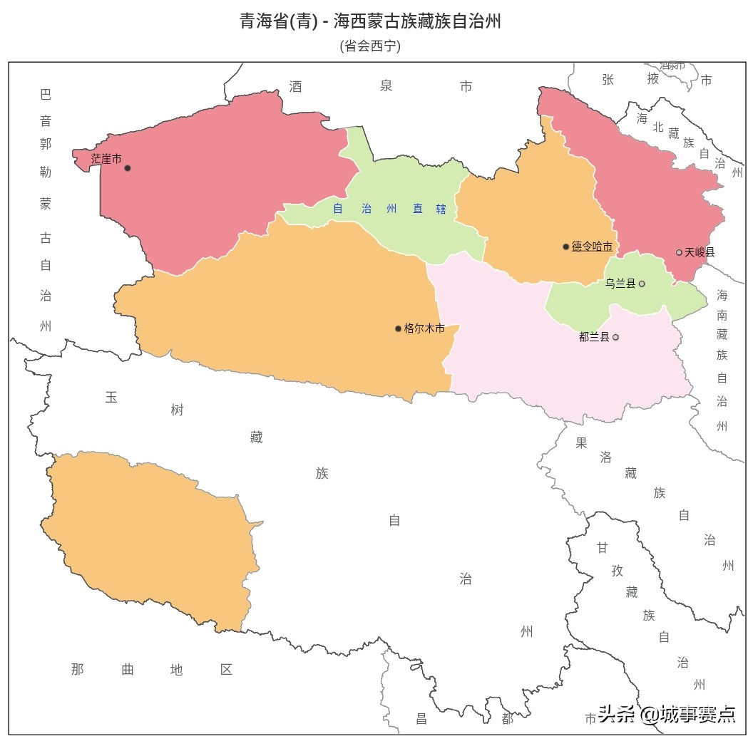 完整版青海省行政区划图，下辖行政单位个个面积广阔，有的堪比省