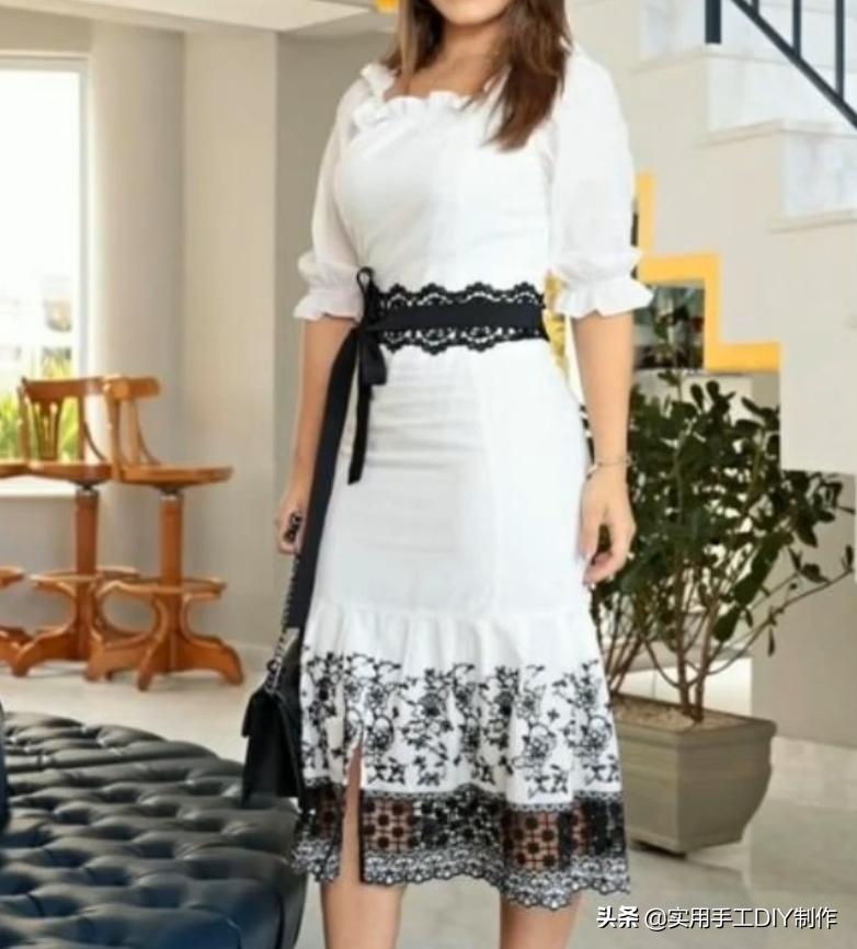 蕾丝镂空花连衣裙制作款式,钩花镂空蕾丝拼接连衣裙