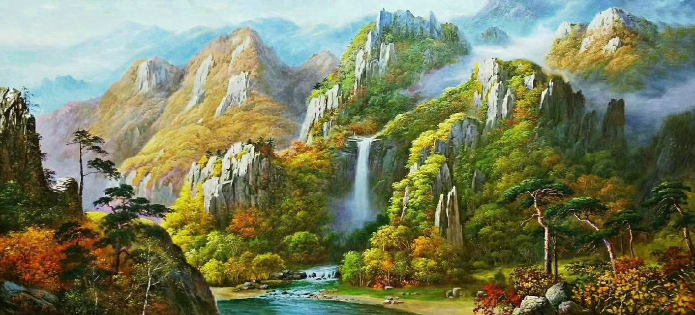 最新朝鲜风景油画图文,朝鲜大型山水风景油画图片集