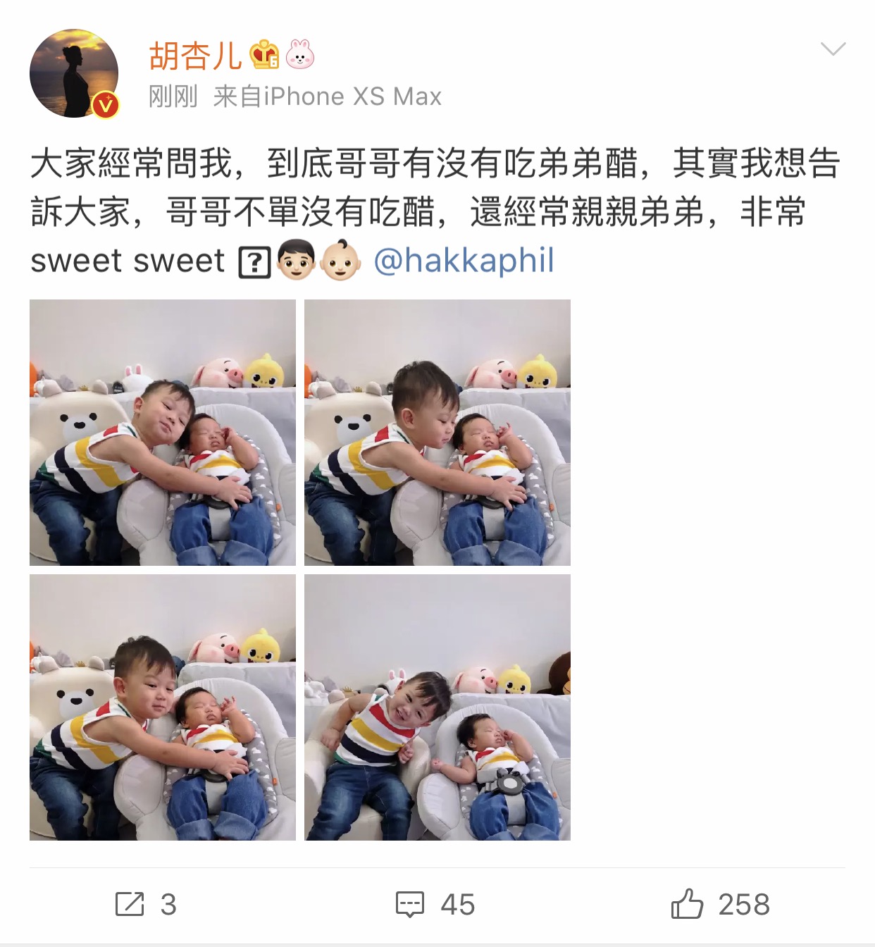 胡杏儿陪三个儿子雨中玩水,胡杏儿晒两儿子萌照