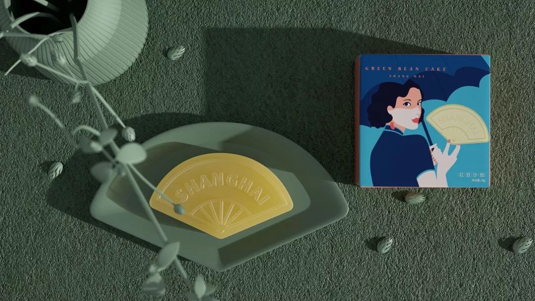 樱花绿豆糕包装盒,包装上印有福字的绿豆糕