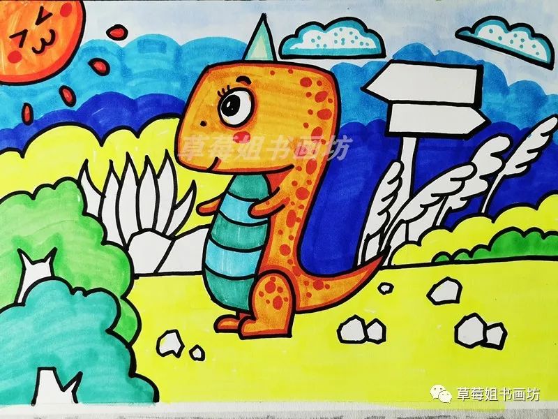 儿童马克笔画7岁恐龙,马克笔儿童画卡通人物绿色小恐龙