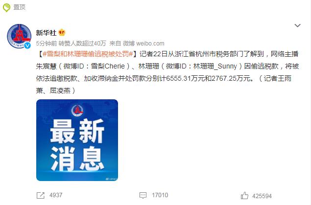 网络主播雪梨林珊珊偷逃税被罚,网络主播雪梨林珊珊偷逃税被处罚