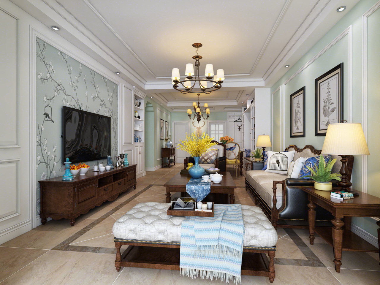 美式风格电视背景墙5.3米效果,美式风格电视背景墙设计