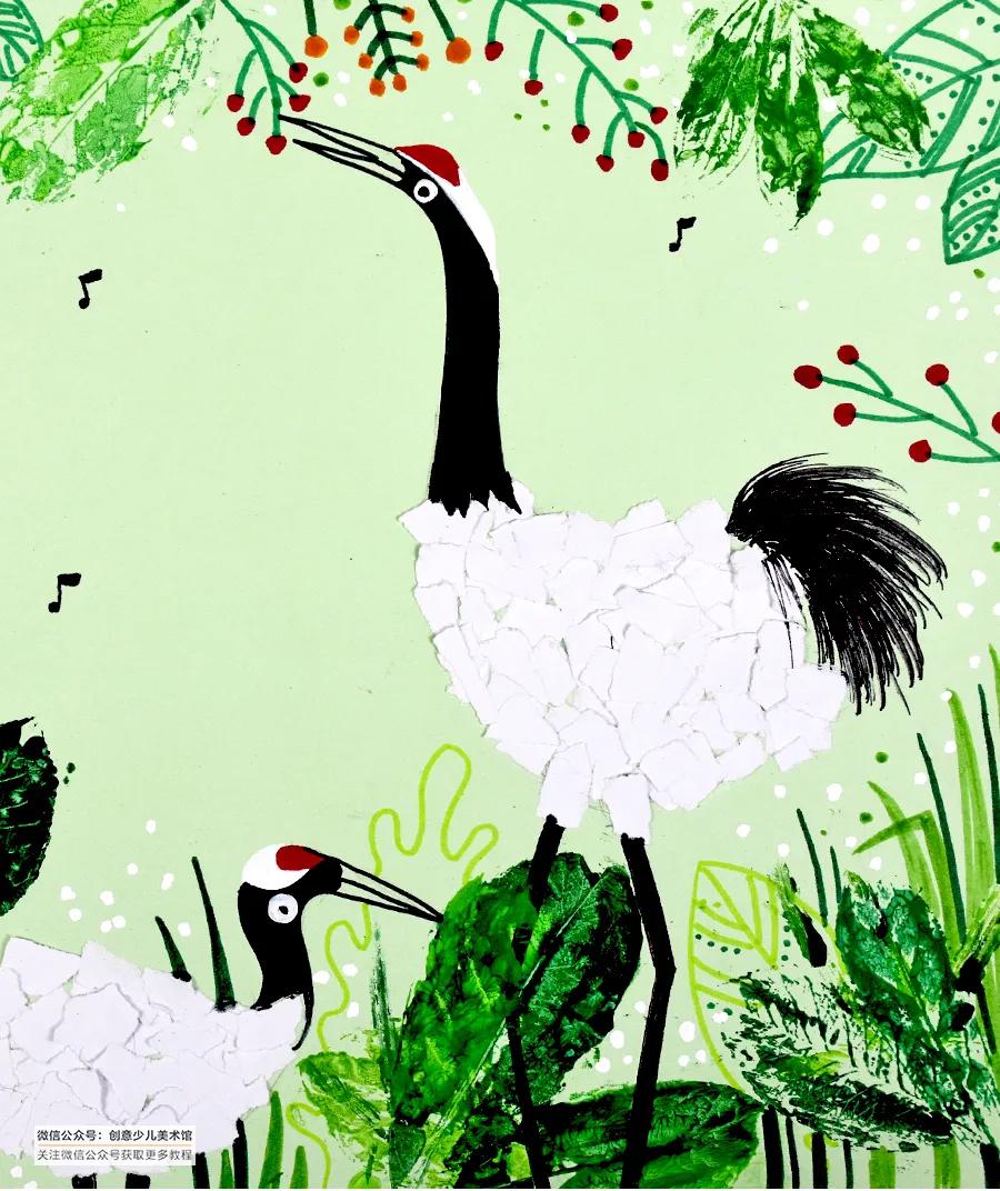 丹顶鹤撕纸,撕纸画作品优雅的丹顶鹤
