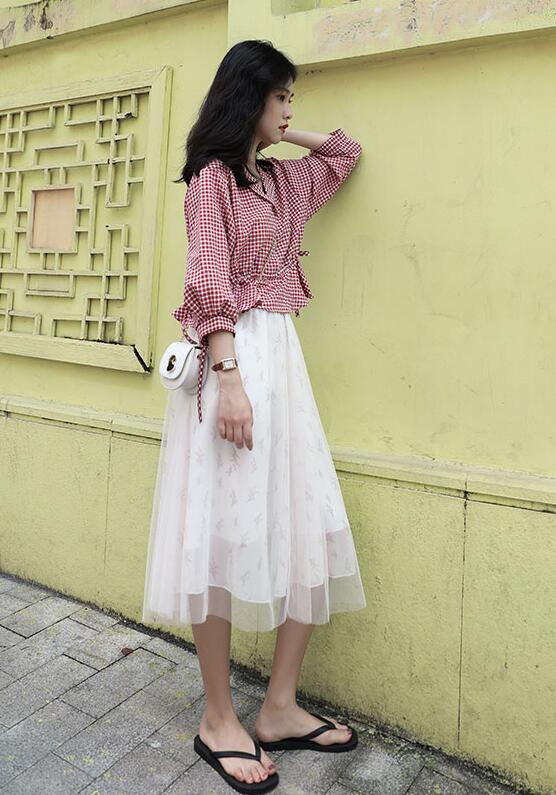 格子衬衫高级感修身,港风小众复古玫瑰花格子衬衫