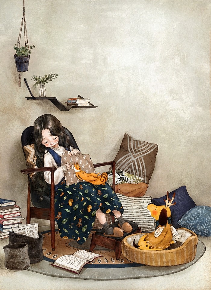 韩国插画师森林女孩日记图文,水彩插画森林女孩日记