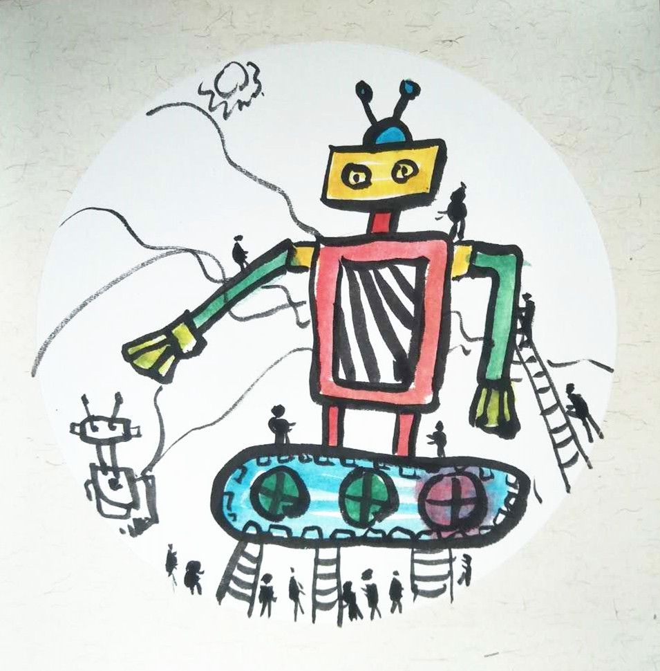 少年儿童科学幻想绘画作品机器人,7-10岁儿童创意美术画机器人