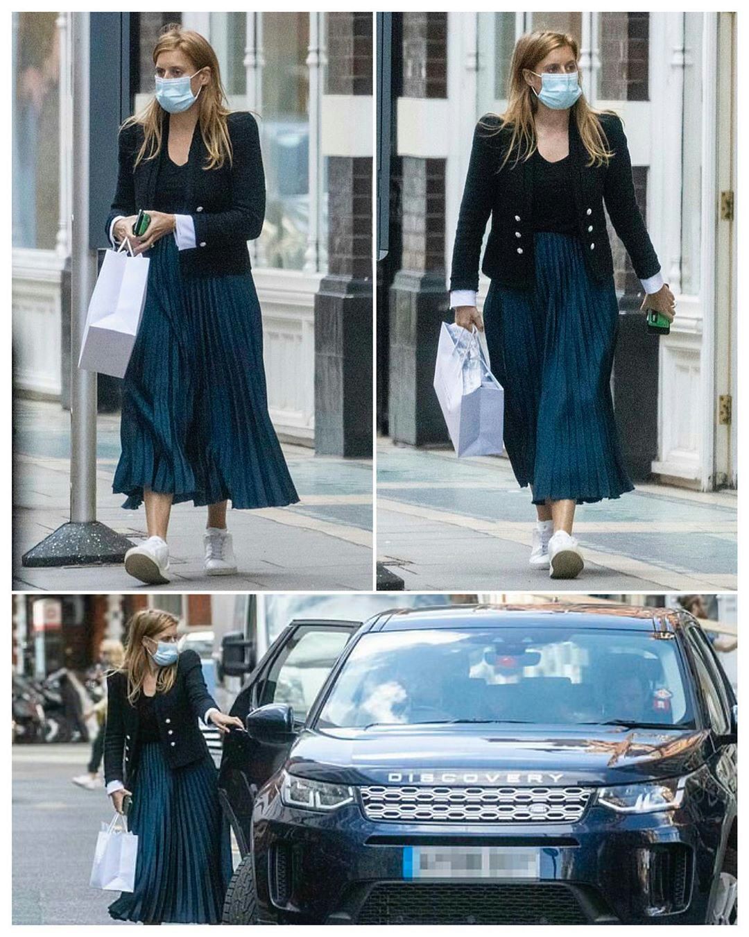 碧翠丝公主外出购物衣品见长，黑西装很有型，借百褶裙巧妙遮孕肚