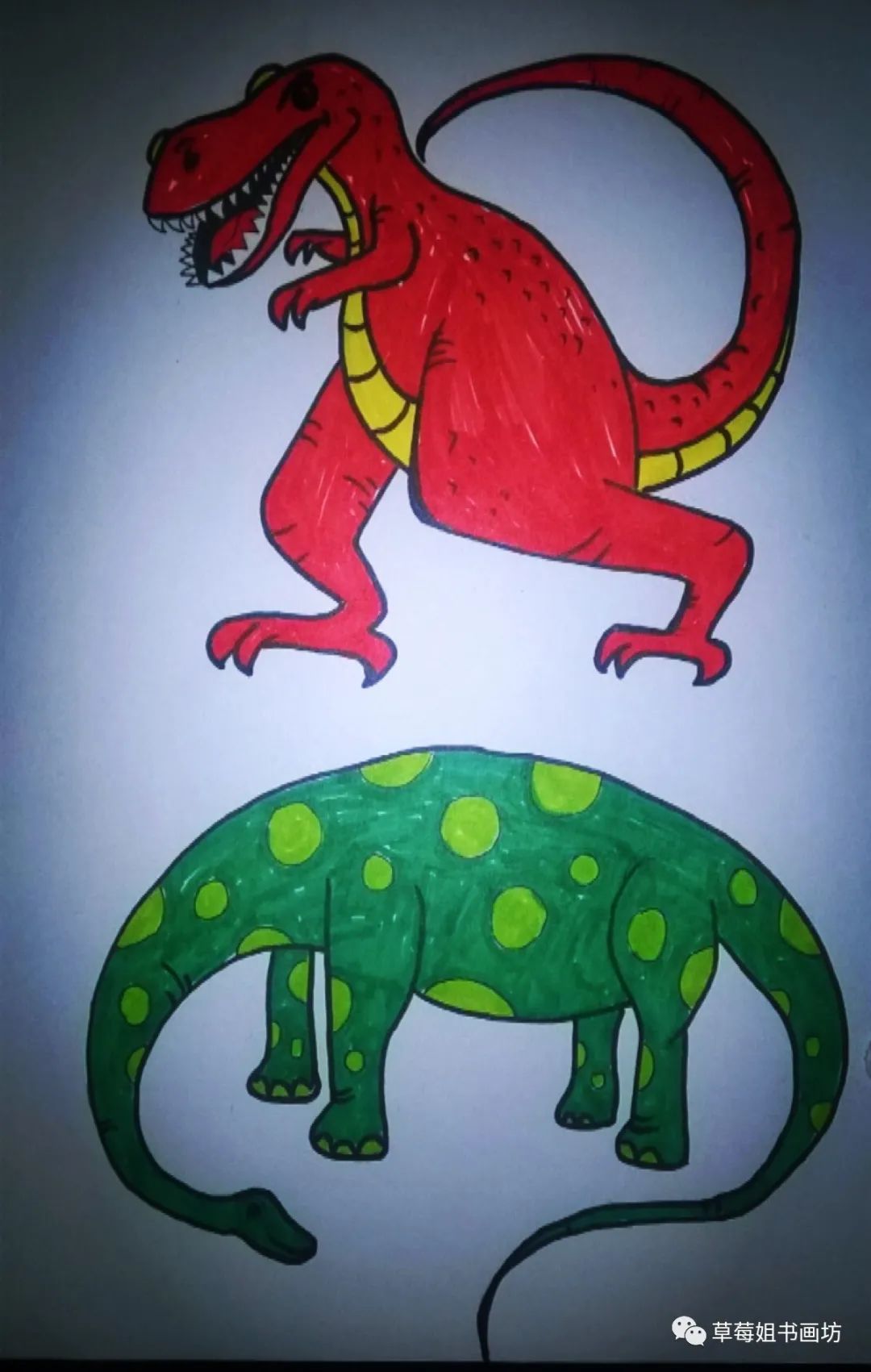 儿童马克笔画7岁恐龙,马克笔儿童画卡通人物绿色小恐龙