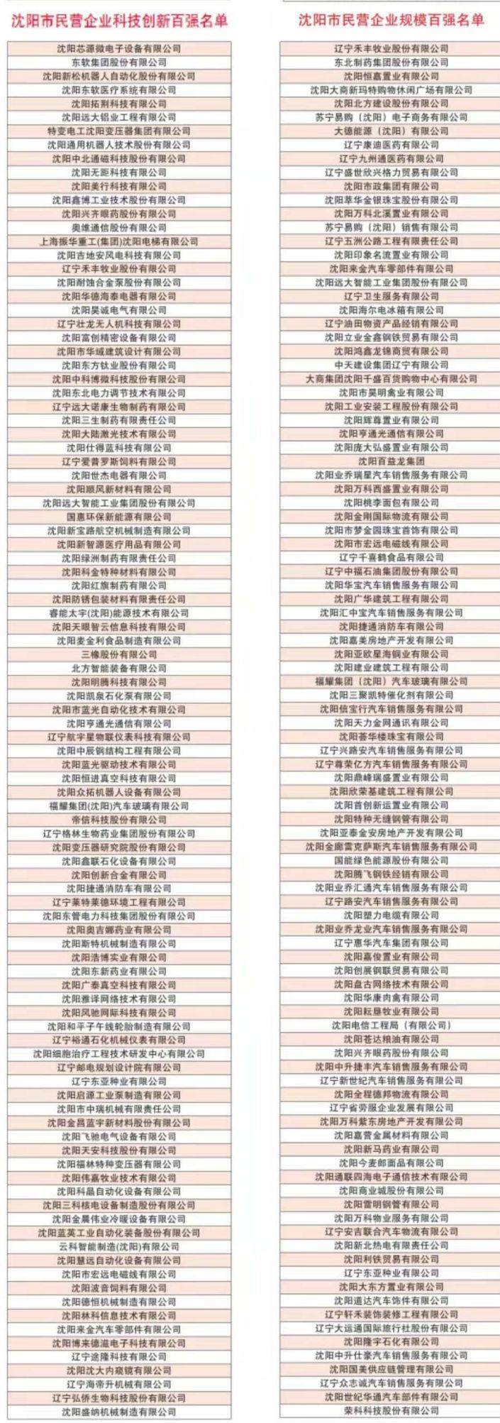 沈阳企业100强名单公布,沈阳市百强企业名单