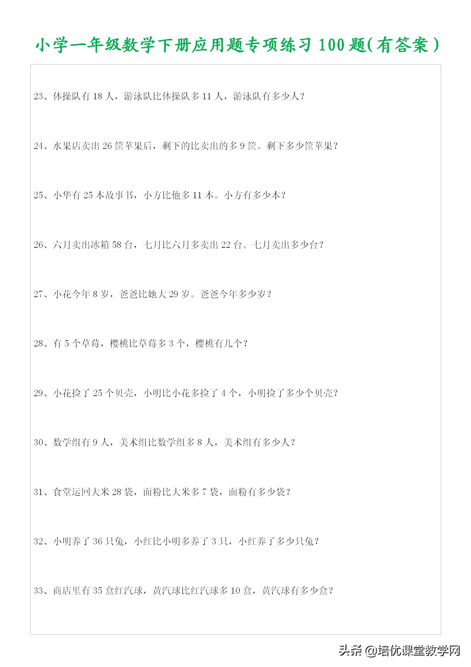 小学数学一年级下应用题100题,一年级下册够不够的应用题讲解