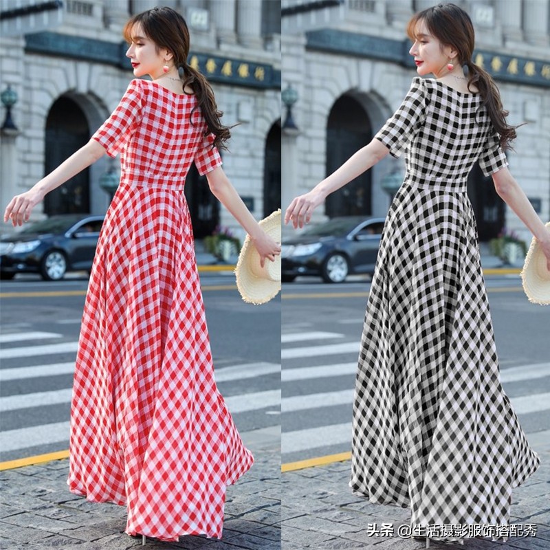 修身雪纺连衣长裙显出身材线条感,文艺范气质连衣长裙收腰显瘦