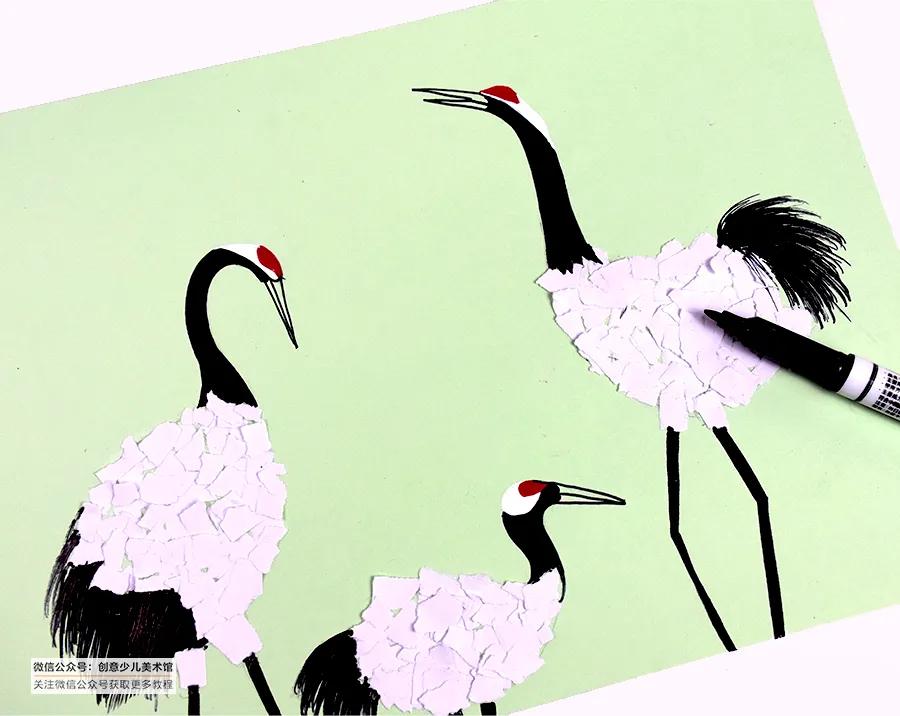 丹顶鹤撕纸,撕纸画作品优雅的丹顶鹤