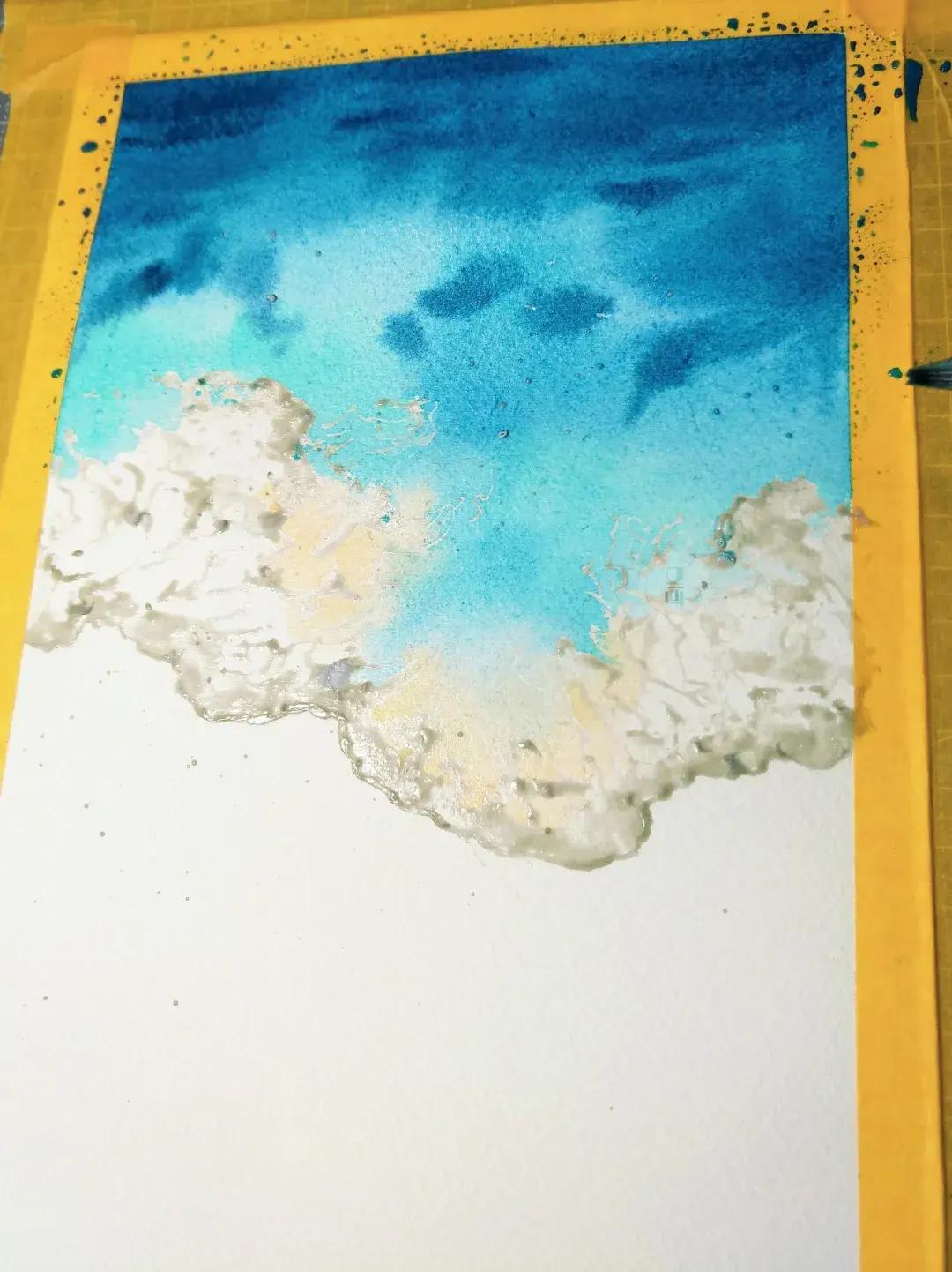 用水彩笔画海滩和海鸥,水彩风景画海滩图片