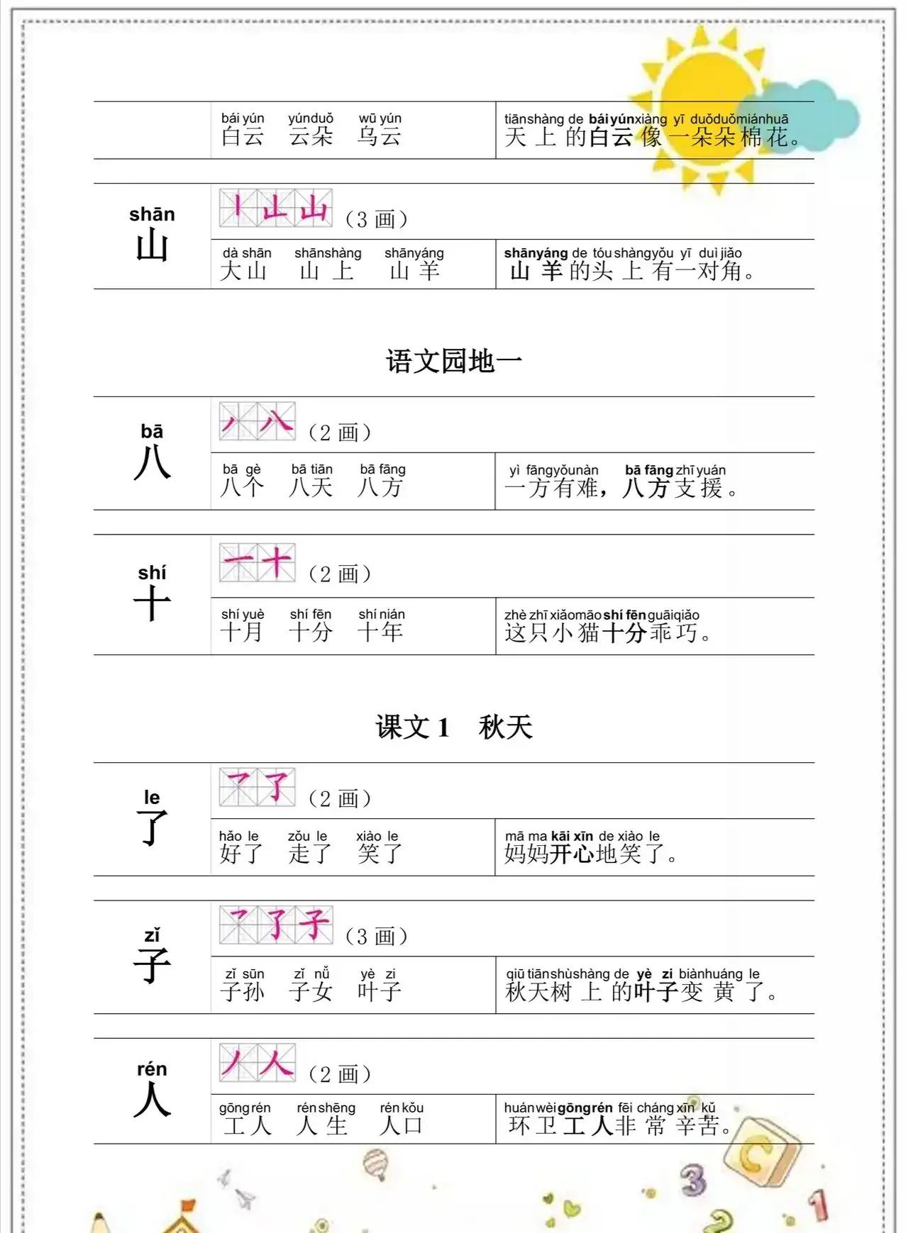 一年级语文上册知识点归纳总结,一年级语文上册生字表