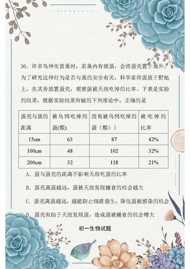 初一生物期末测试卷题及答案,2022年初一上册生物期末测试卷