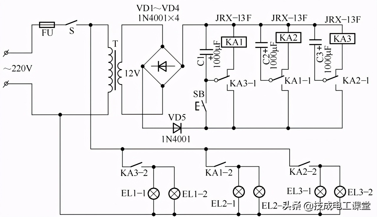 照明联动开关原理图,电灯三个开关控制一个灯的接线图