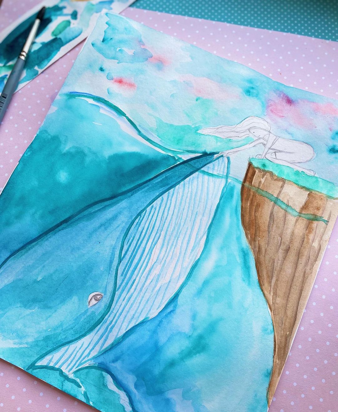 水彩画初学者鲸鱼云朵风景画,落日鲸鱼水彩画图片大全