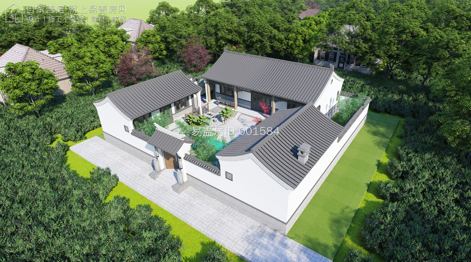 农村现代5套单层三合院,15米宽20米长中式合院图纸