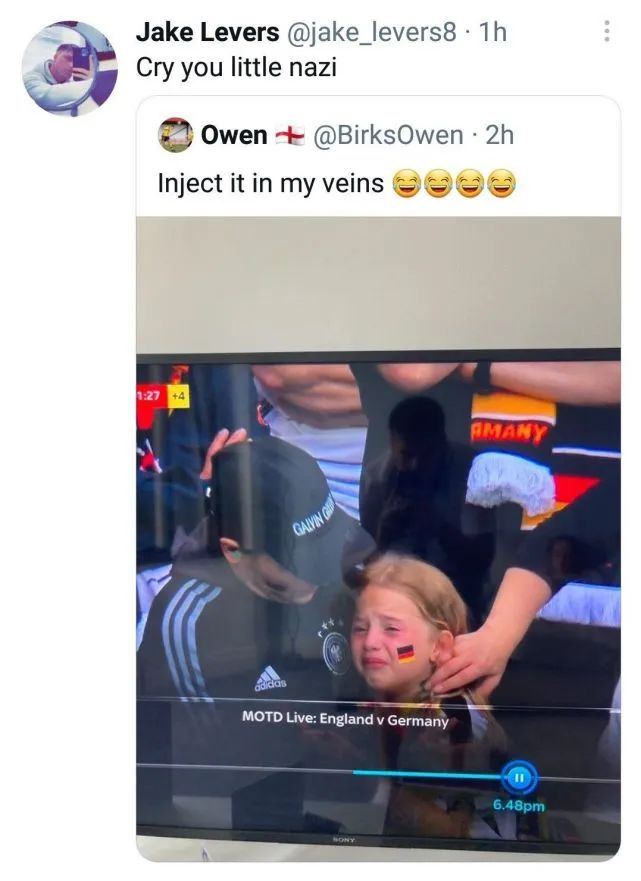 你怎么看英国球迷网暴德国10岁小女孩“哭吧，你这个小纳粹！”