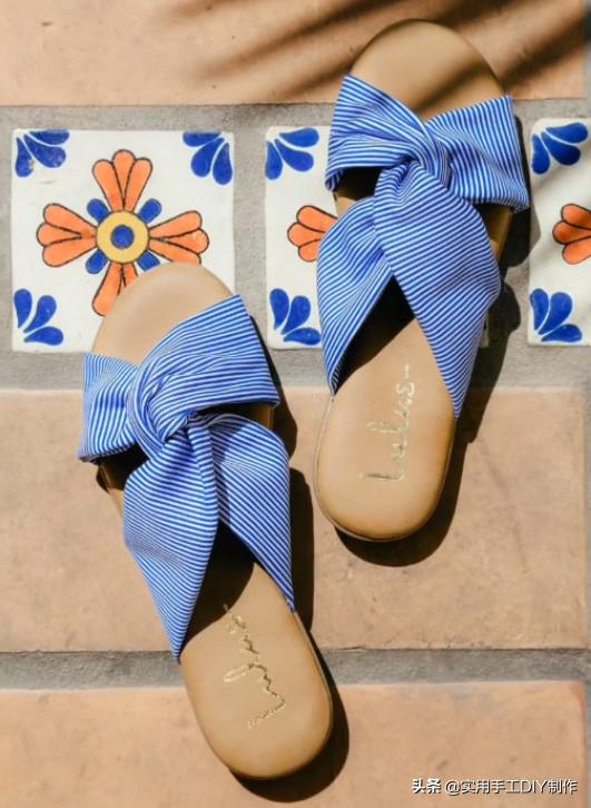 斜条纹小蝴蝶结拖鞋的织法,蝴蝶结草编拖鞋