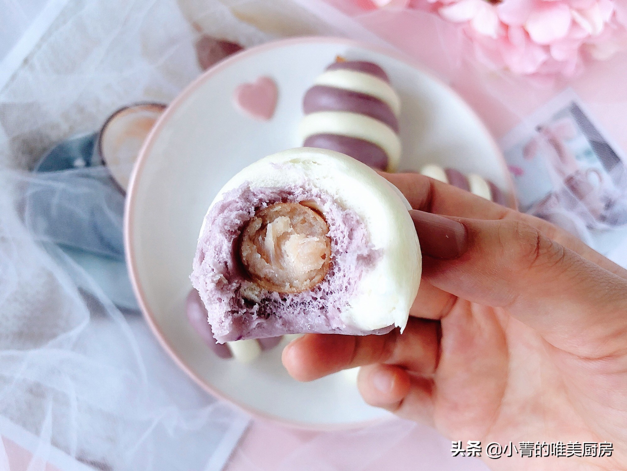 双色紫薯火腿肠馒头,双色热狗馒头