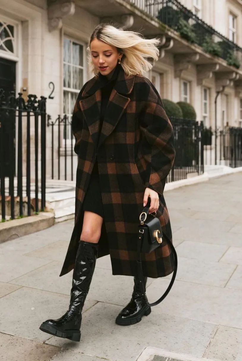 黑白格纹大衣怎么搭配好看,戴帽子黑白格纹大衣怎么搭配好看