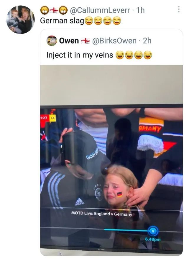 你怎么看英国球迷网暴德国10岁小女孩“哭吧，你这个小纳粹！”