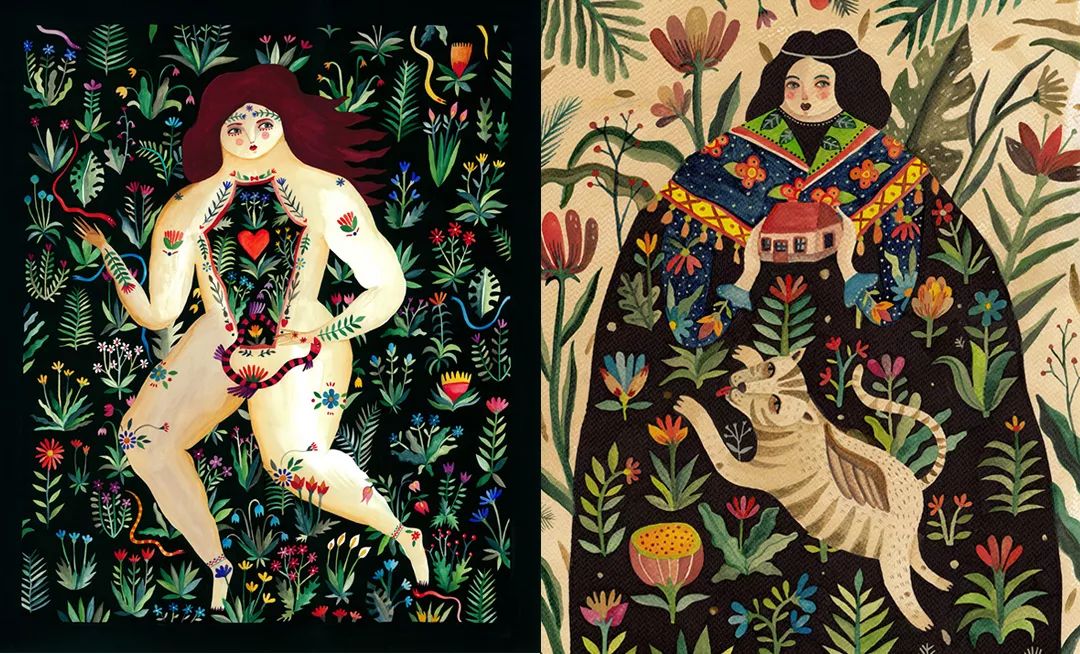 在诱人的民间插画中,艾奇将“不安”与花卉融为一体