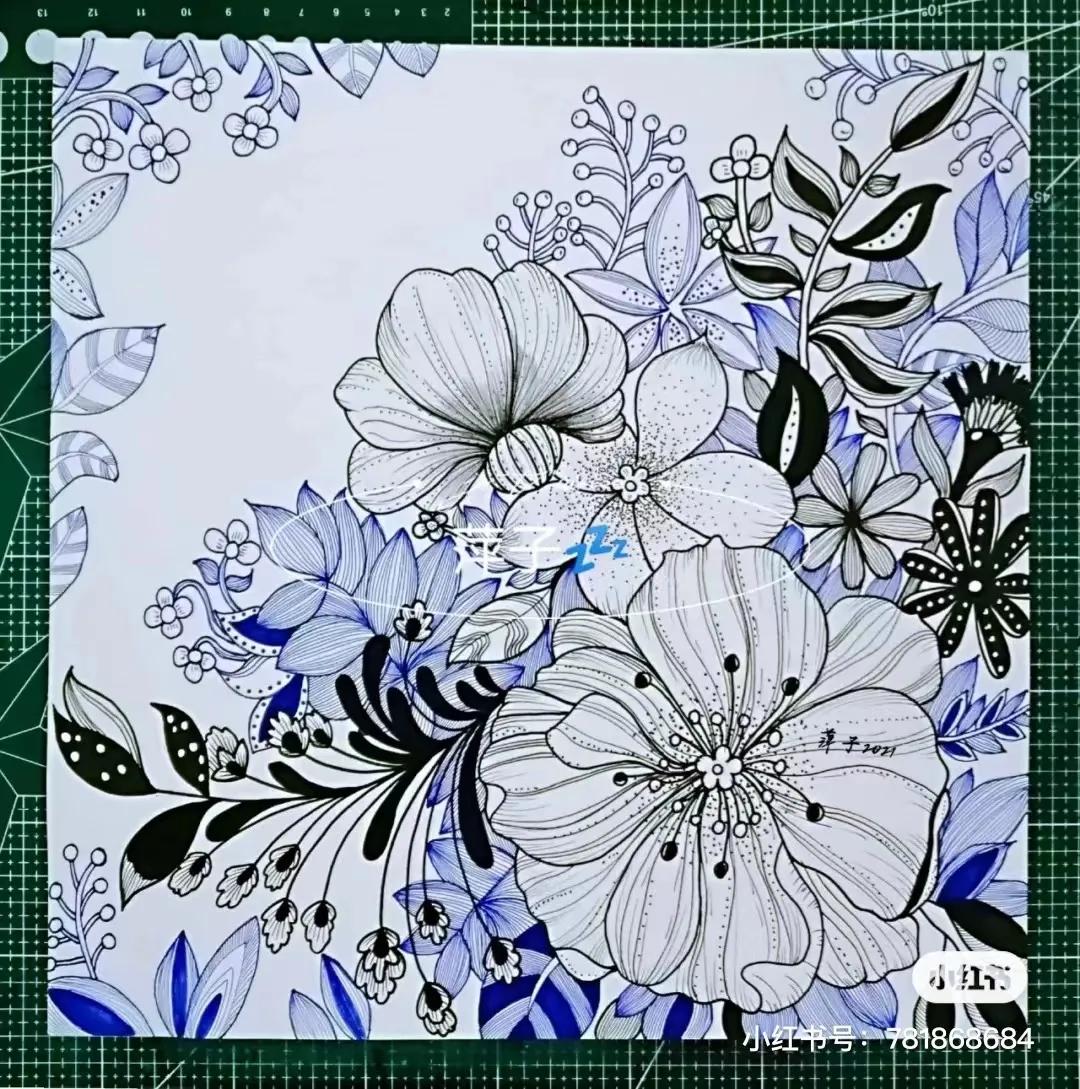 花卉简单线描创意画,花草线描画装饰