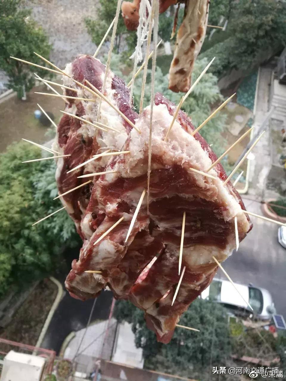 鸟儿偷吃香肠腊肉,香肠腊肉挂外面被鸟吃