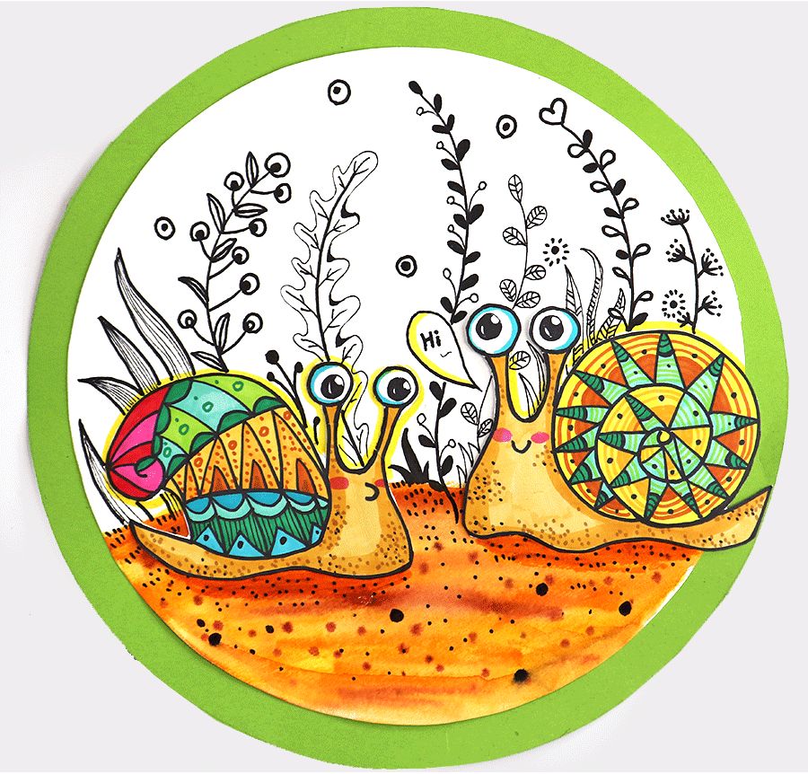 蜗牛妈妈和小蜗牛儿童画,蜗牛创意美术儿童画粘土