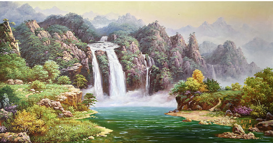 最新朝鲜风景油画图文,朝鲜大型山水风景油画图片集