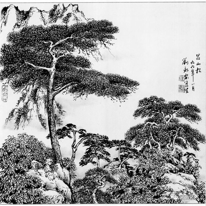 日式线描松树波浪纹,深度线描儿童画松树