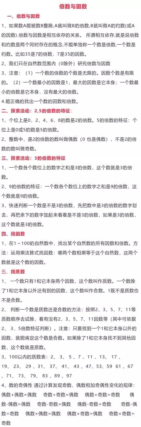 北师大五年级上册第三单元倍数,五年级下册因数与倍数知识点归纳