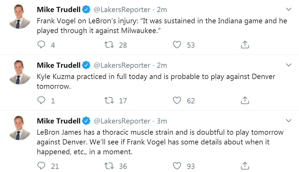 湖人最新伤病报告！詹姆斯拉伤胸肌或将休战，库兹马大概率复出