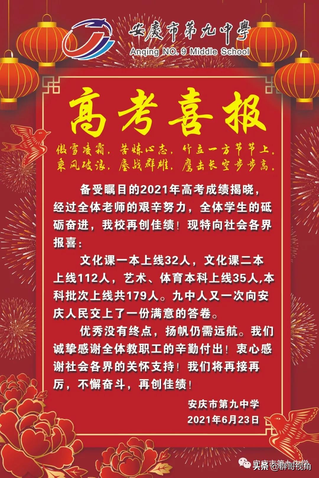 2021年安庆市高中录取分数线,安庆各高中2023高考喜报