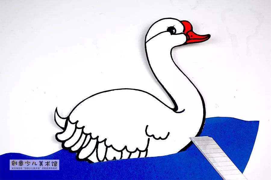 儿童水粉画池塘里的大白鹅,池塘大白鹅儿童画