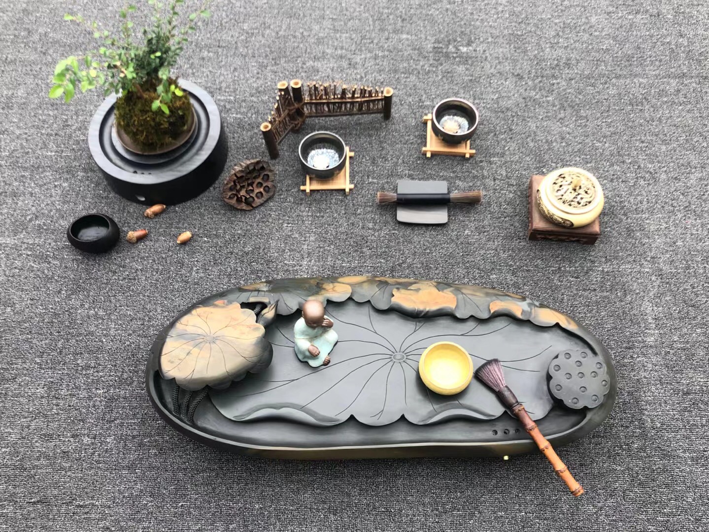 石头连体雕刻茶盘,工艺石头拼接摆件