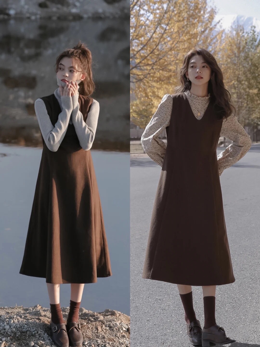 秋冬洋气时髦连衣裙拼接,米色针织连衣裙搭配黑色羽绒服