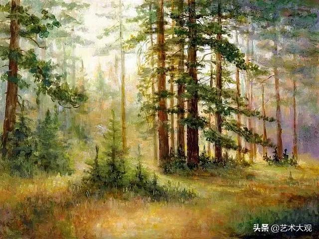 美丽又简单的远山倒影油画,风景优美的小河油画