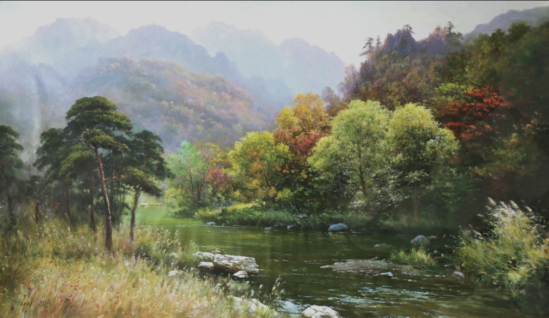最新朝鲜风景油画图文,朝鲜大型山水风景油画图片集