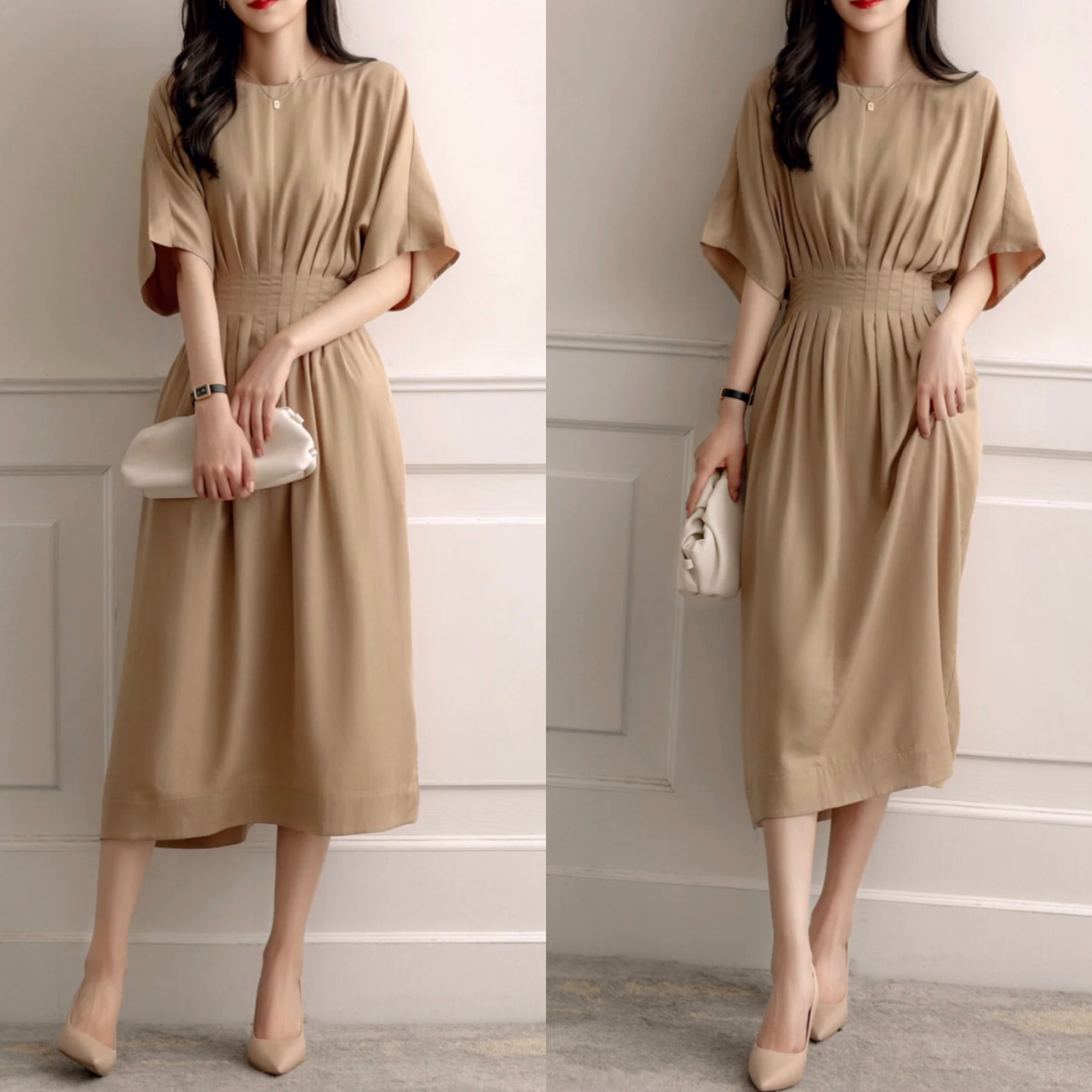 春秋气质连衣裙搭配高跟鞋,连衣裙中长款搭配高跟鞋