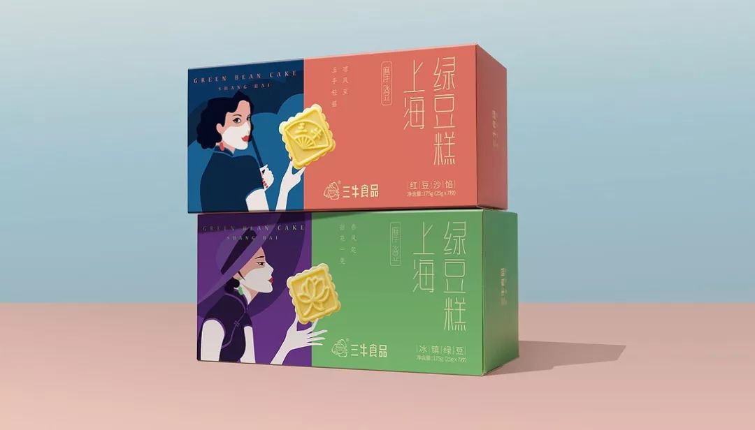 樱花绿豆糕包装盒,包装上印有福字的绿豆糕