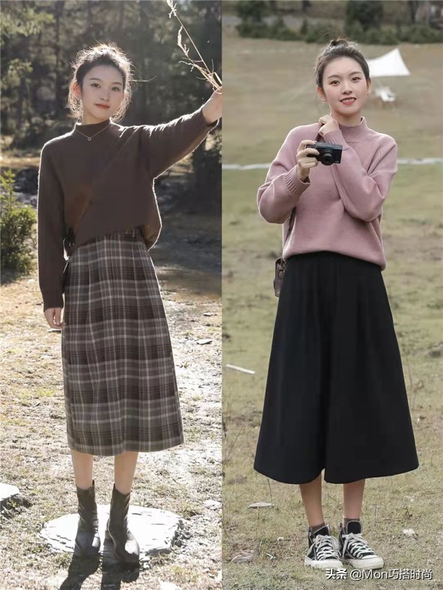 慵懒风毛衣半身长裙穿搭,气质长裙显瘦冬季内搭