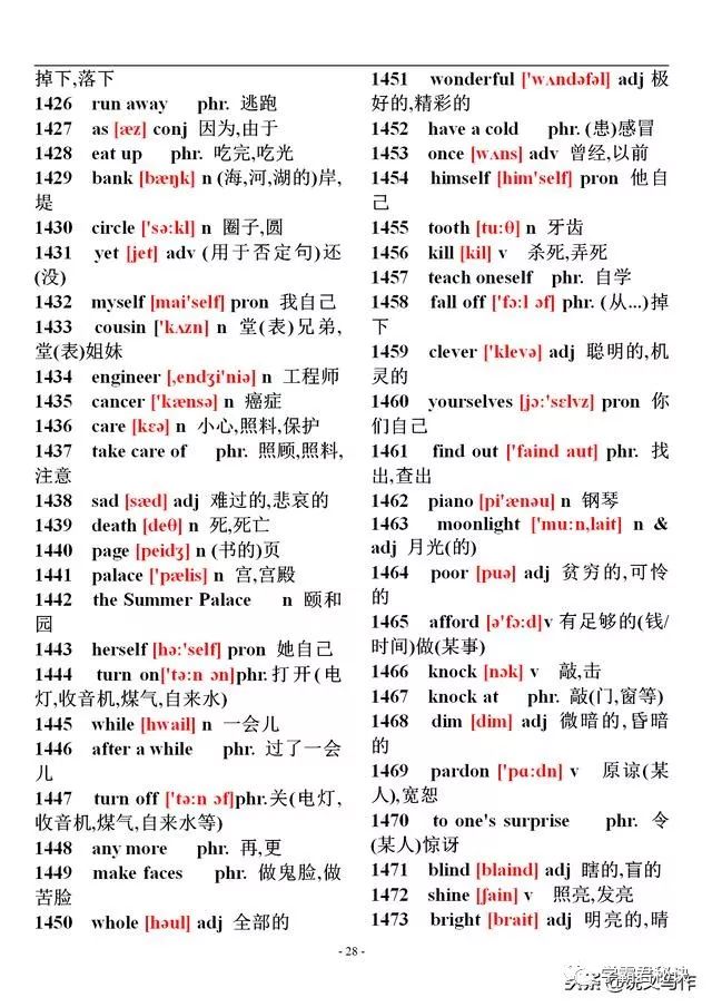 初中英语1600个单词速记表附音标,高一英语单词表音标